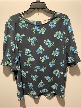LOFT Dark Navy Blue Floral Ruffle-Sleeve Blouse